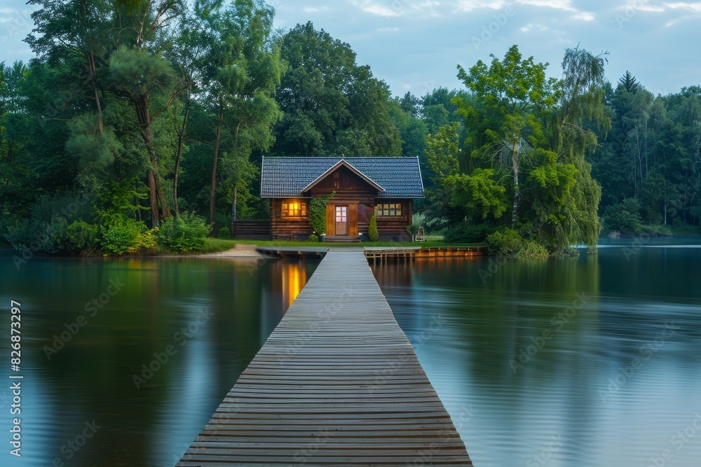 A tranquil lake house with a wooden dock generated by AI