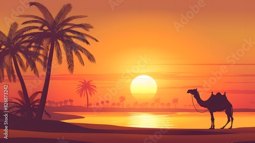 arabesque web horizontal banner, camel and palm tree silhouette, beautiful sunlight, sunset, sunrise, islamic background template illustration vector 
