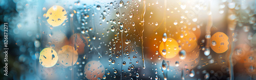 Raindrops twirl on a sunlit window revealing the urban world beyond Concept Rainy day soothing Urban life photo