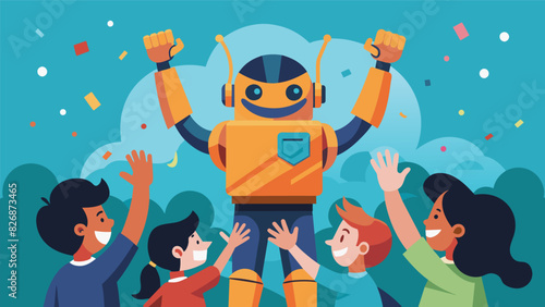 Cheers erupted from the crowd as a robot guided by a young girl triumphantly completed the Youth Robotics League maze challenge.. Vector illustration