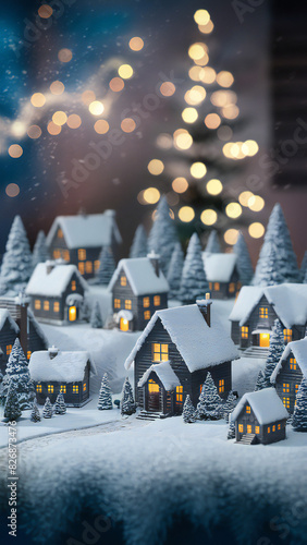 Miniature Winter Village: Picturesque Scene with Snow-Covered Houses and Trees