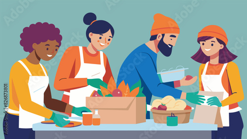 A group of volunteers carefully packaging individual Thanksgiving meals with clear plastic wrap and labeling them with handwritten notes.. Vector illustration