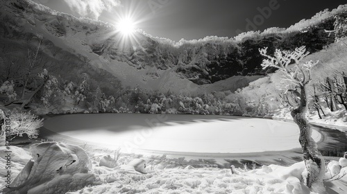 Mount Zao s Winter Beauty Okama Crater in Monochrome photo
