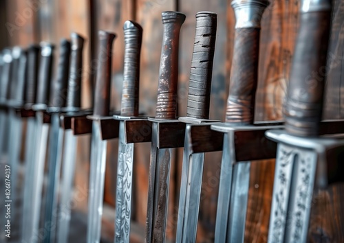 Antique Samurai Swords Collection on Wooden Rack Close-Up