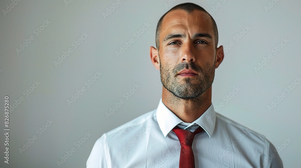 A business man wearing a white shirt and red tie, looking professional against a white background A business man wearing a white shirt and red tie, looking professional against a white background