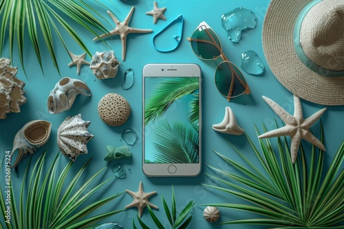 Embrace the Summer Vibes with Smartphone and Beach Accessories against a Blue Background photo