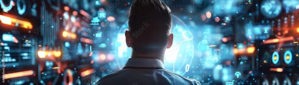 A man standing in front of a large screen with a futuristic user interface. A man standing in front of a large screen with a futuristic user interface.