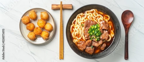 Delicious a bowl of udon noodles with thick soup and meats, green chives toping. Beside it is a plate of fried shrimp balls. Placed next to wooden chopsticks and a wooden spoon. 