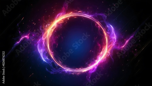 Abstract neon energy sphere of particles and waves of magical glowing on a dark background  circle and loop frames with magic purple and pink flame and sparks isolated on transparent