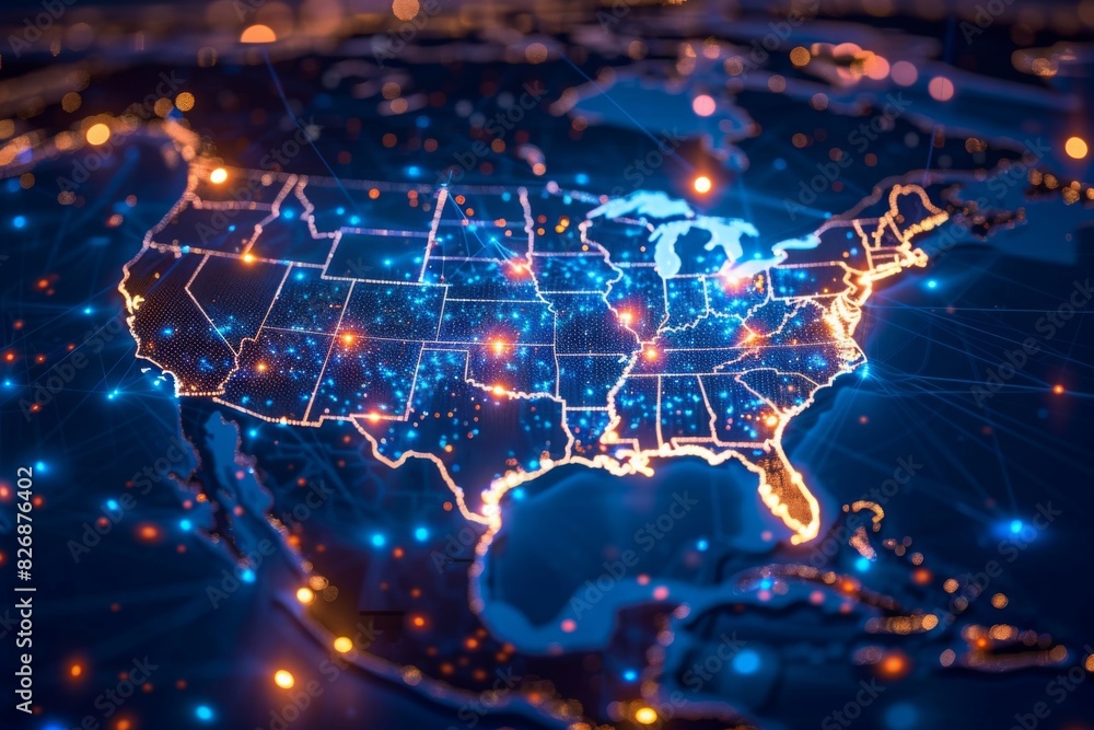 Digital map of america network connectivity created with generative ai Digital map of america network connectivity created with generative ai