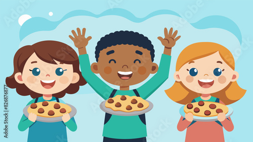 A group of kids smiling while holding up their freshly baked cookies with a post on Facebook that reads Were excited to announce the launch of our. Vector illustration