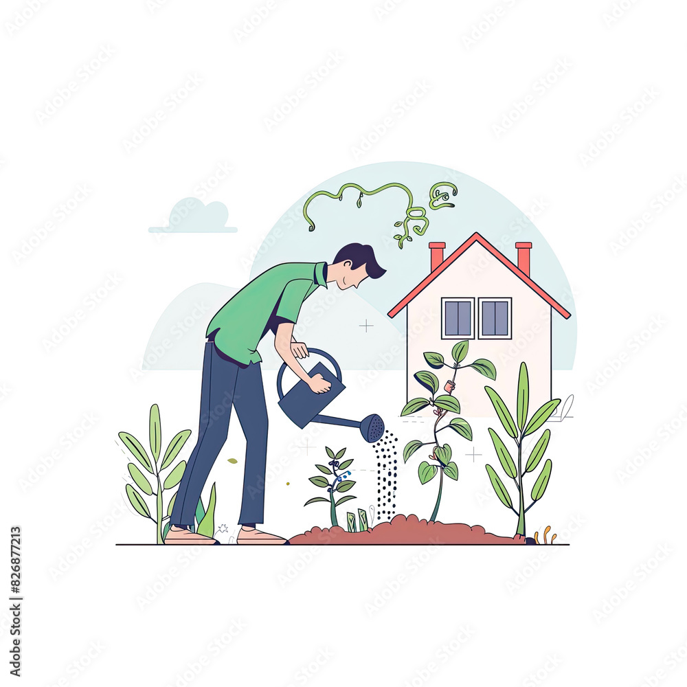 A Man Watering Plants With A Watering Can, Cartoon Illustration A Man Watering Plants With A Watering Can, Cartoon Illustration