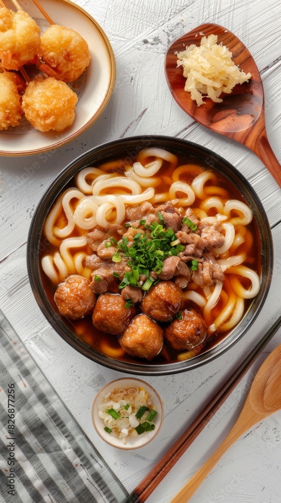 Delicious a bowl of udon noodles with thick soup and meats, green chives toping. Beside it is a plate of fried shrimp balls. Placed next to wooden chopsticks and a wooden spoon. Delicious a bowl of udon noodles with thick soup and meats, green chives toping. Beside it is a plate of fried shrimp balls. Placed next to wooden chopsticks and a wooden spoon.