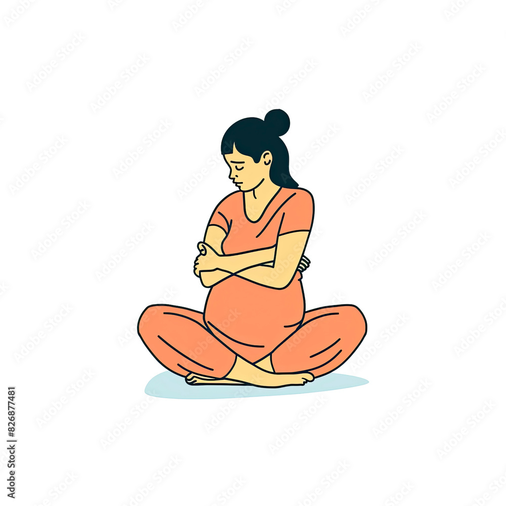 A Pregnant Woman Sits On The Ground, Cartoon Illustration A Pregnant Woman Sits On The Ground, Cartoon Illustration
