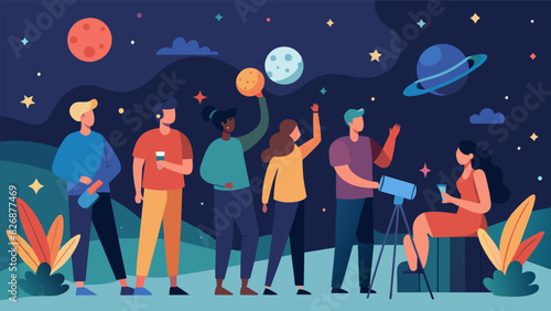 A group of neighbors coming together to share their passion for astronomy and spotting various galaxies and star s.. Vector illustration