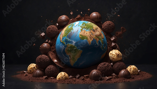 World chocolate day, A realistic depiction of Earth globe surrounded by chocolate pieces, truffles, and cocoa powder, on a dark background