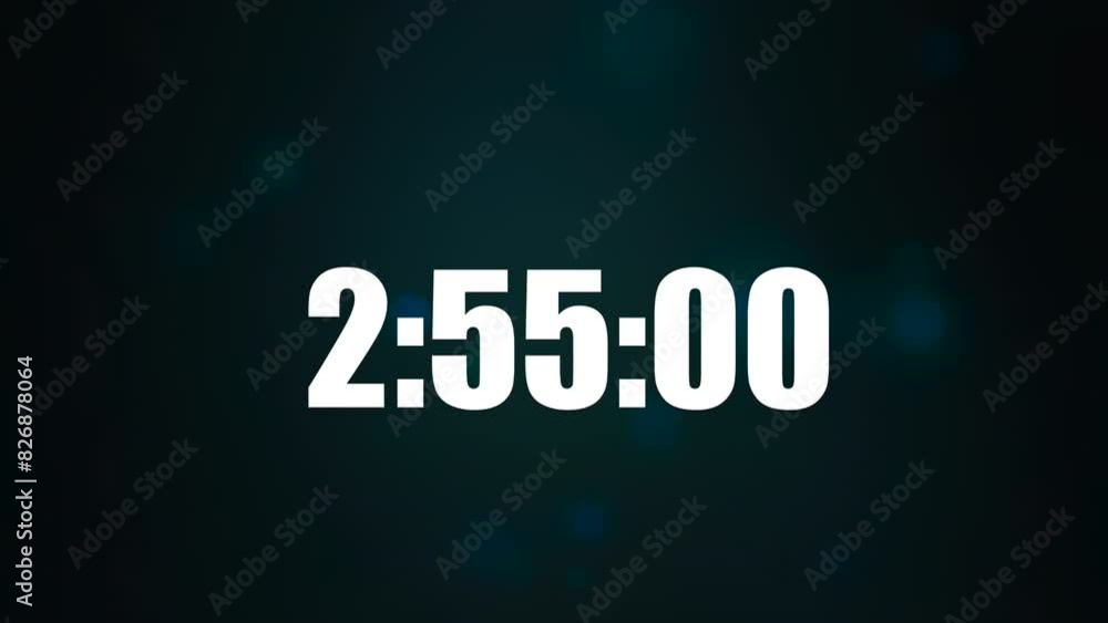 Close-up of 3 minute countdown timer. Countdown timer. White numbers on a dark cloudy background. Three minute countdown. Digital countdown. 