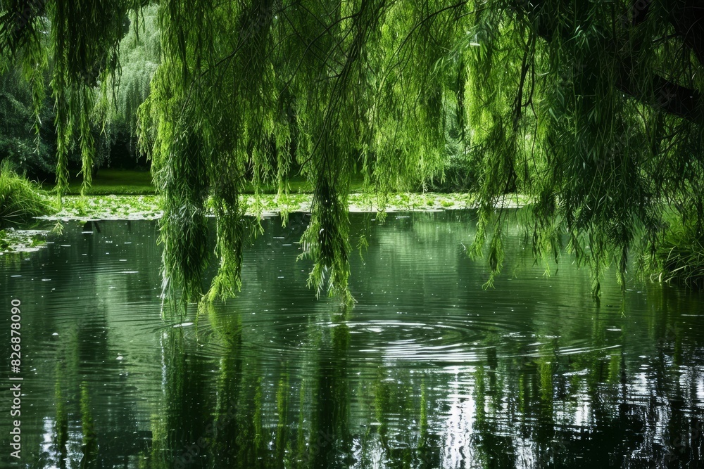 A serene pond with a weeping willow dipping its branches generated by AI A serene pond with a weeping willow dipping its branches generated by AI