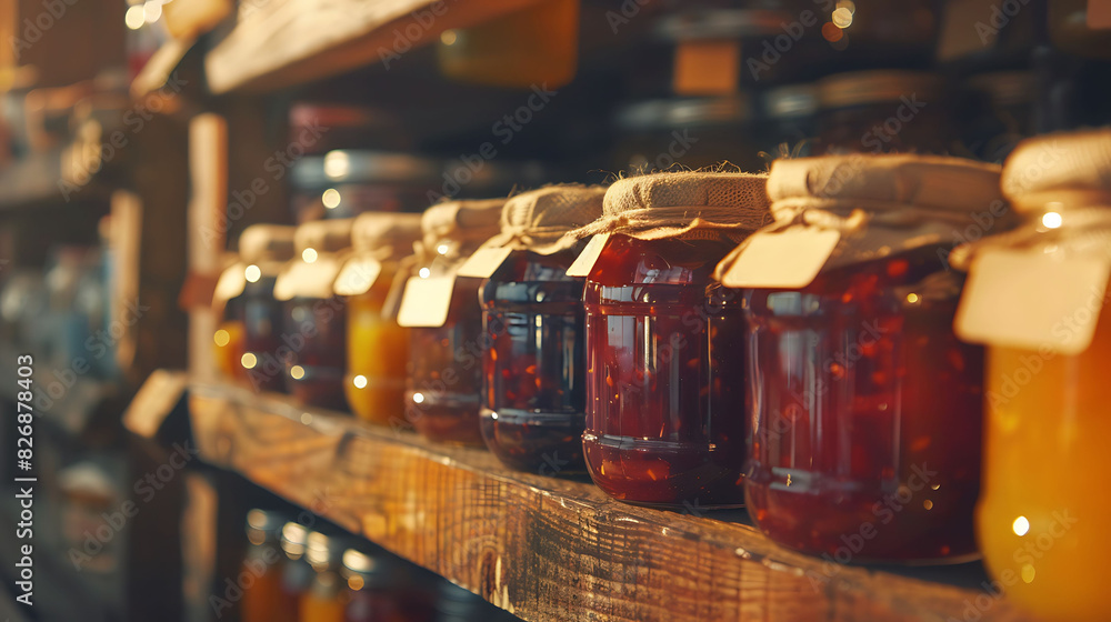 A row of glass jars filled with homemade jams and preserves, each one labeled with care for easy identification