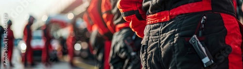 A professional pit crew stands ready for action as the race car arrives photo