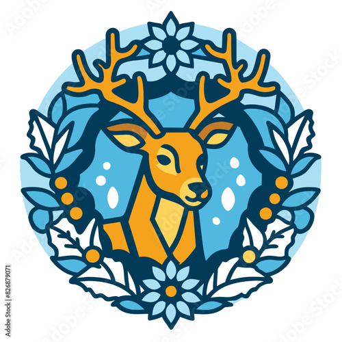 A Deer with Antlers Surrounded by Flowers and Leaves