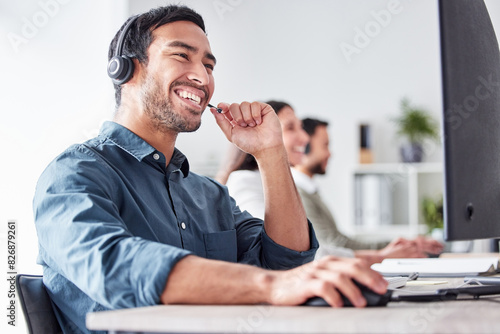 Business, pc and man with telemarketing, help desk and customer service in modern office. Agent, employee and insurance consultant with headphones, crm and advice for fraud department or tech support photo