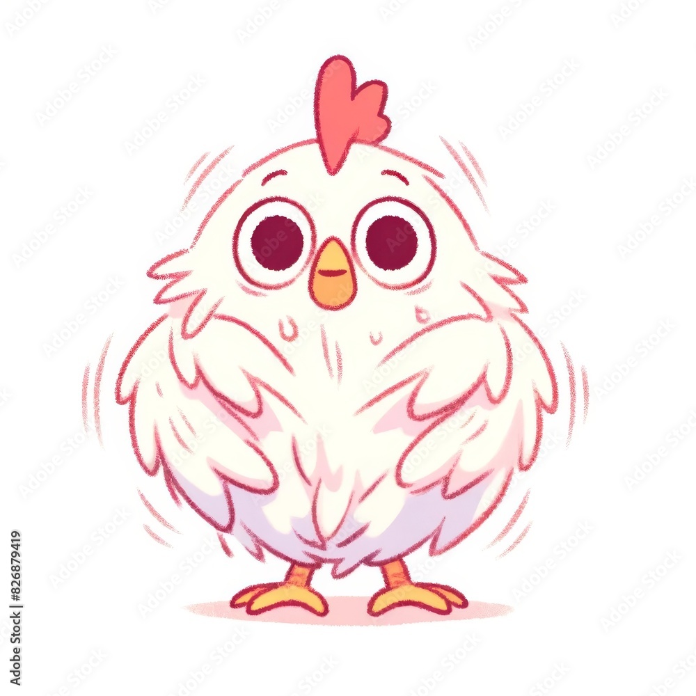 Fototapeta premium A cute cartoon chicken with big eyes and a fluffy body stands against a white background.