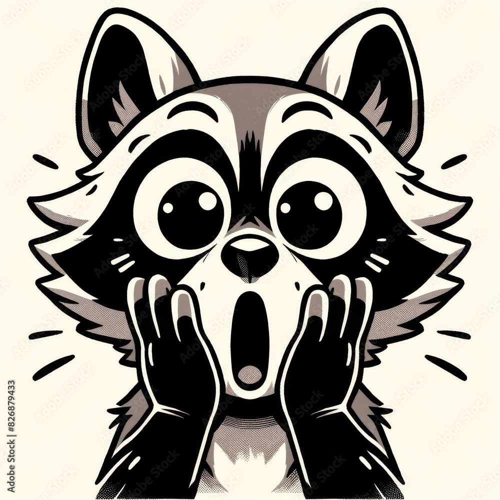 A cartoon raccoon with wide eyes and open mouth, looking surprised or shocked. A cartoon raccoon with wide eyes and open mouth, looking surprised or shocked.