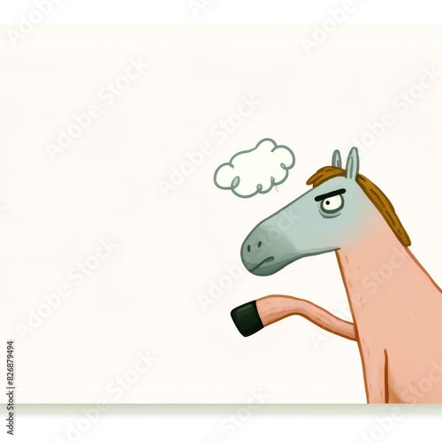 A cartoon horse with a grumpy expression and a thought bubble above its head. photo