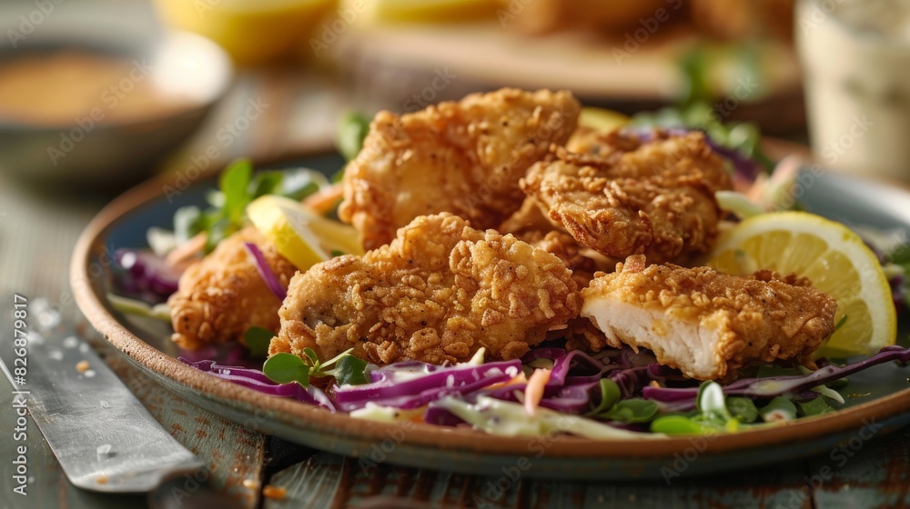 Delicious a plate of fried chicken cutlets with coleslaw and a lemon slice, on the side is mustard sauce in a small bowl. Delicious a plate of fried chicken cutlets with coleslaw and a lemon slice, on the side is mustard sauce in a small bowl.