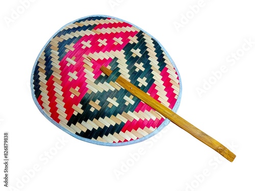 Antique woven bamboo hand fan handcrafted, handmade Thai traditional style isolated on white background.
