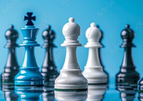 Strategic Chess Pieces On Board With Blue Background Reflecting Leadership Concept.