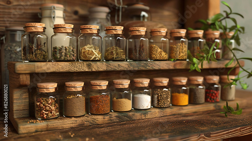 A rustic wooden spice rack filled with jars of exotic seasonings, adding depth and complexity to every dish