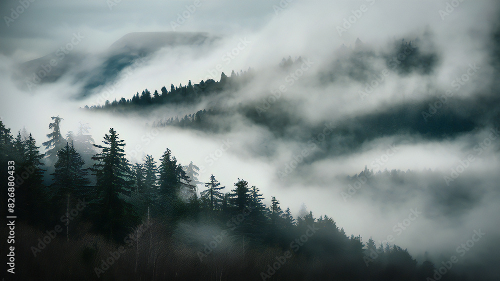 Fototapeta premium Enchanting Misty Forest: Towering Evergreens in a Blanket of Mist
