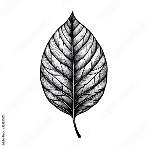 black and white outline sketch of a leaf isolated on white background