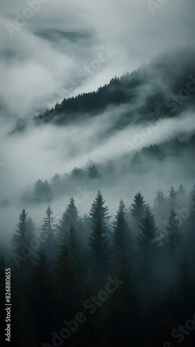 Enchanting Misty Forest: Towering Evergreens in a Blanket of Mist