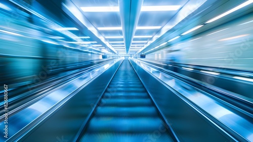 blurred background metro escalator   light blue background movement city infrastructure subway