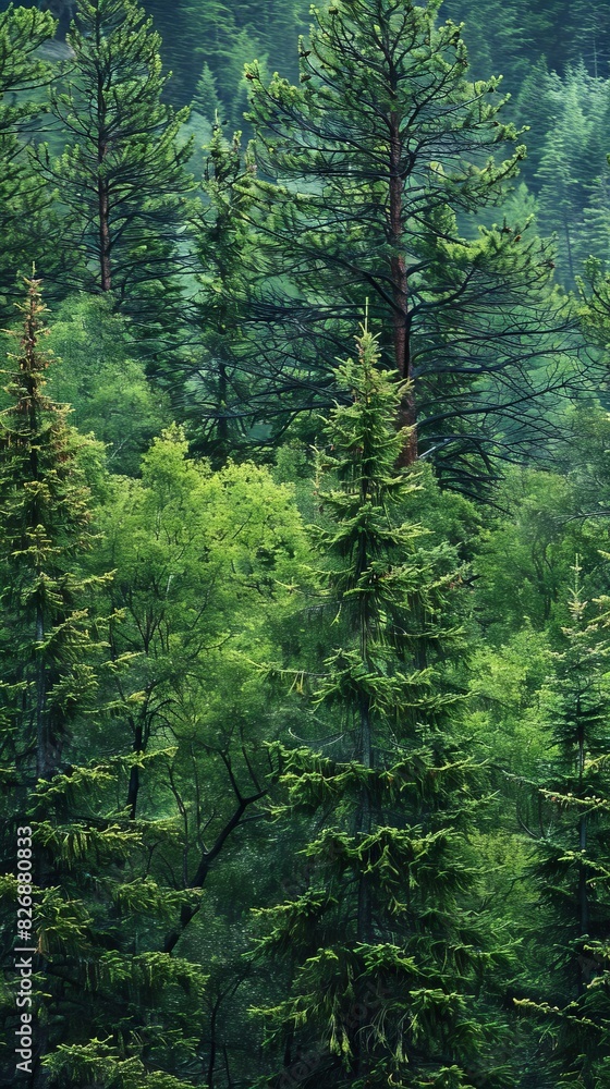 Realistic photography of coniferous forest. Abstract background of a northern forest Realistic photography of coniferous forest. Abstract background of a northern forest