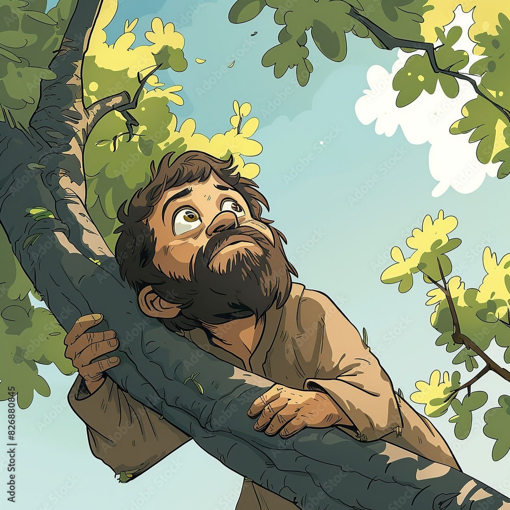 Φωτογραφία Explore the colorful cartoon scene of Zacchaeus high up in a tree, gazing down at Jesus with wide eyes and a joyful smile