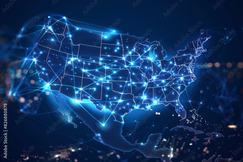 Digital map of america network connectivity created with generative ai Digital map of america network connectivity created with generative ai
