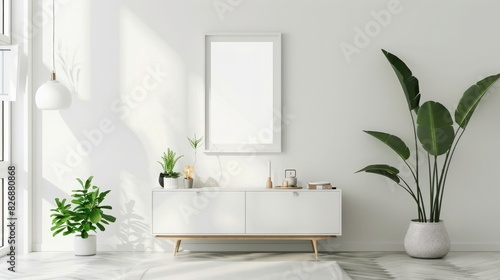 Minimalist interior design with mockup poster frame on white cabinet  Scandinavian home decor