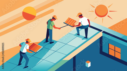Highangle view of workers attaching panels to the rooftop of a community center with the sun shining down on them.. Vector illustration