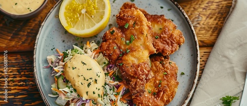 Delicious a plate of fried chicken cutlets with coleslaw and a lemon slice, on the side is mustard sauce in a small bowl.