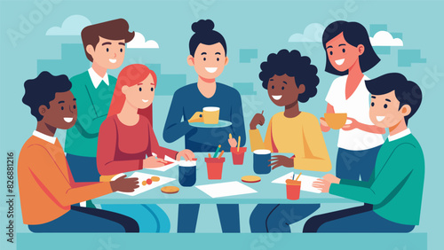 Over lunch young mentors and mentees bonded over their shared desire to make a positive impact united by their involvement in the Youth Leadership. Vector illustration