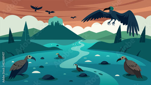 Vultures circling above drawn to the rotting and contaminated remains of aquatic life in the coal ash waste ponds.. Vector illustration