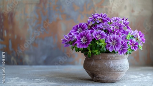 Purple cineraria plant in bloom displayed in a flower pot on a neutral table Text can be added photo