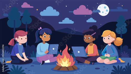 As evening approaches kids gather around a campfire excitedly discussing and sharing the code they wrote for a virtual scavenger hunt.. Vector illustration