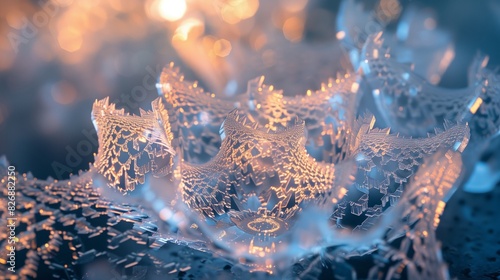 A delicate, filigree pattern of ice crystals forms a intricate, three-dimensional sculpture, glowing softly in the dim light. photo