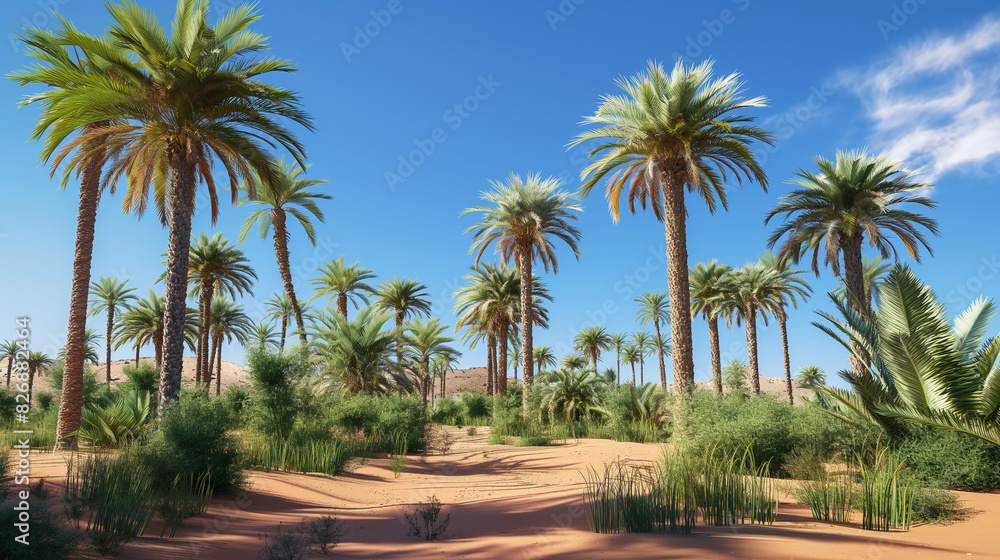 Lush green oasis surrounded by arid desert landscape Lush green oasis surrounded by arid desert landscape