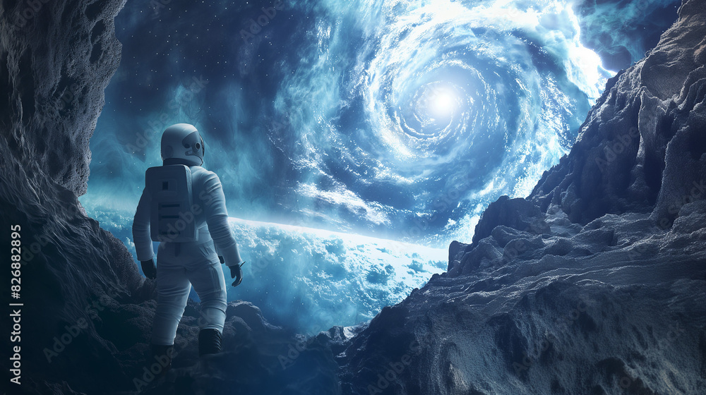 Fototapeta premium Astronaut Exploring Mysterious Space Cave with Spiral Galaxy Vortex